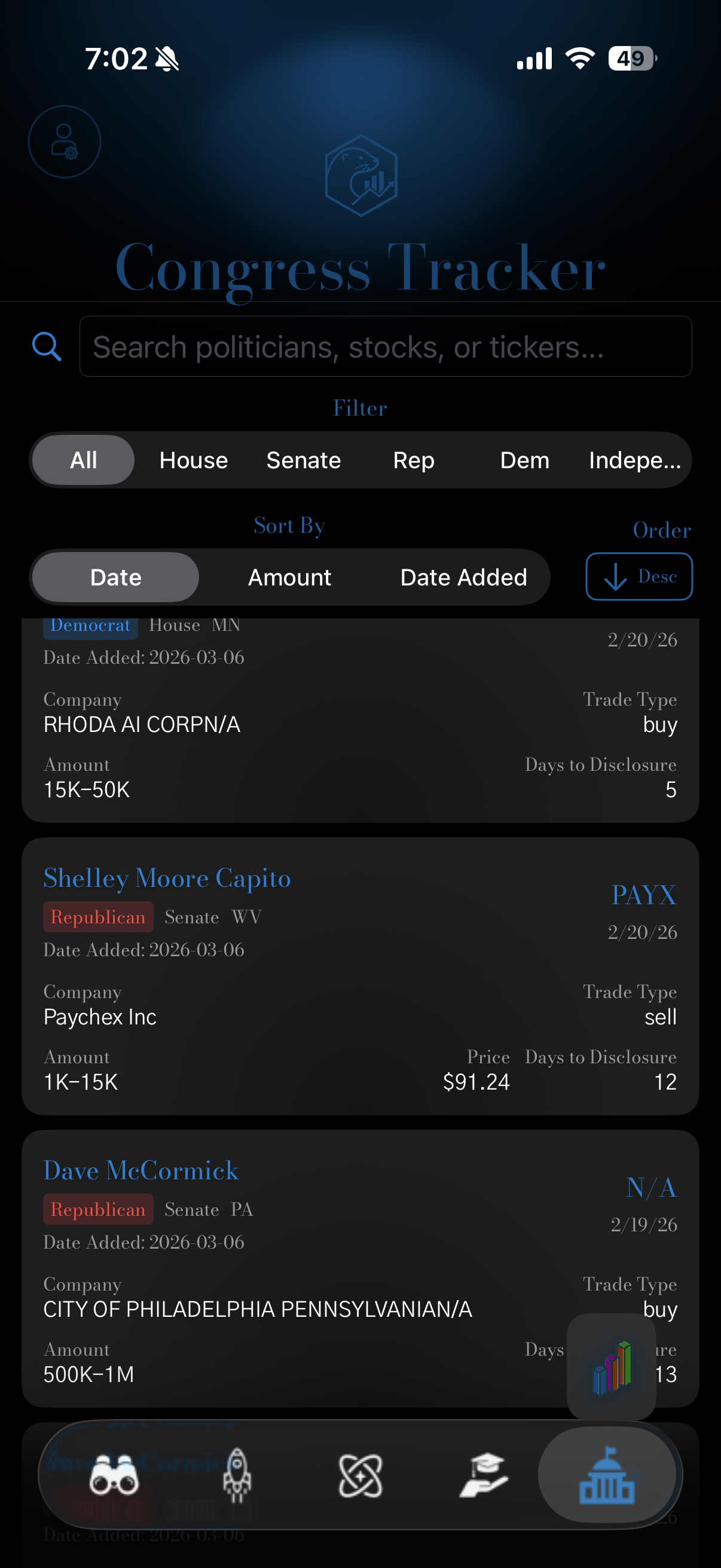 Congress trading tracker dashboard